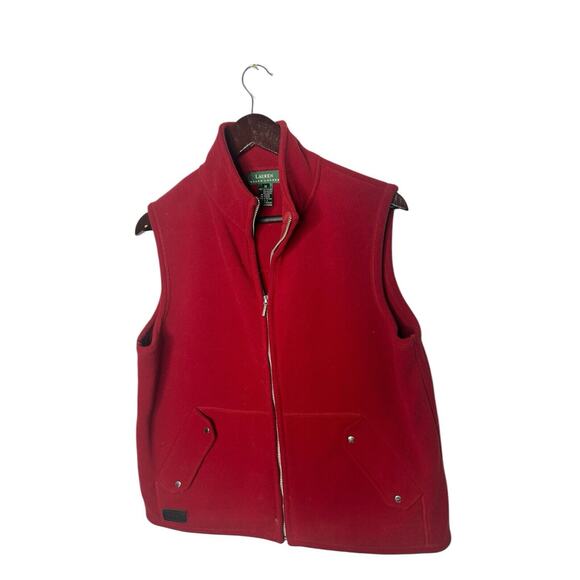 LAUREN RALPH LAUREN VEST FLEECE WOMENS MEDIUM RED BLACK REVERSIBLE BUTTON SNAP - Picture 1 of 3